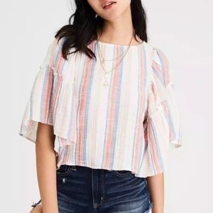 American Eagle Wide Ruffle Bell sleeve Pastel Stripe Crop Top | Blue pink size S
